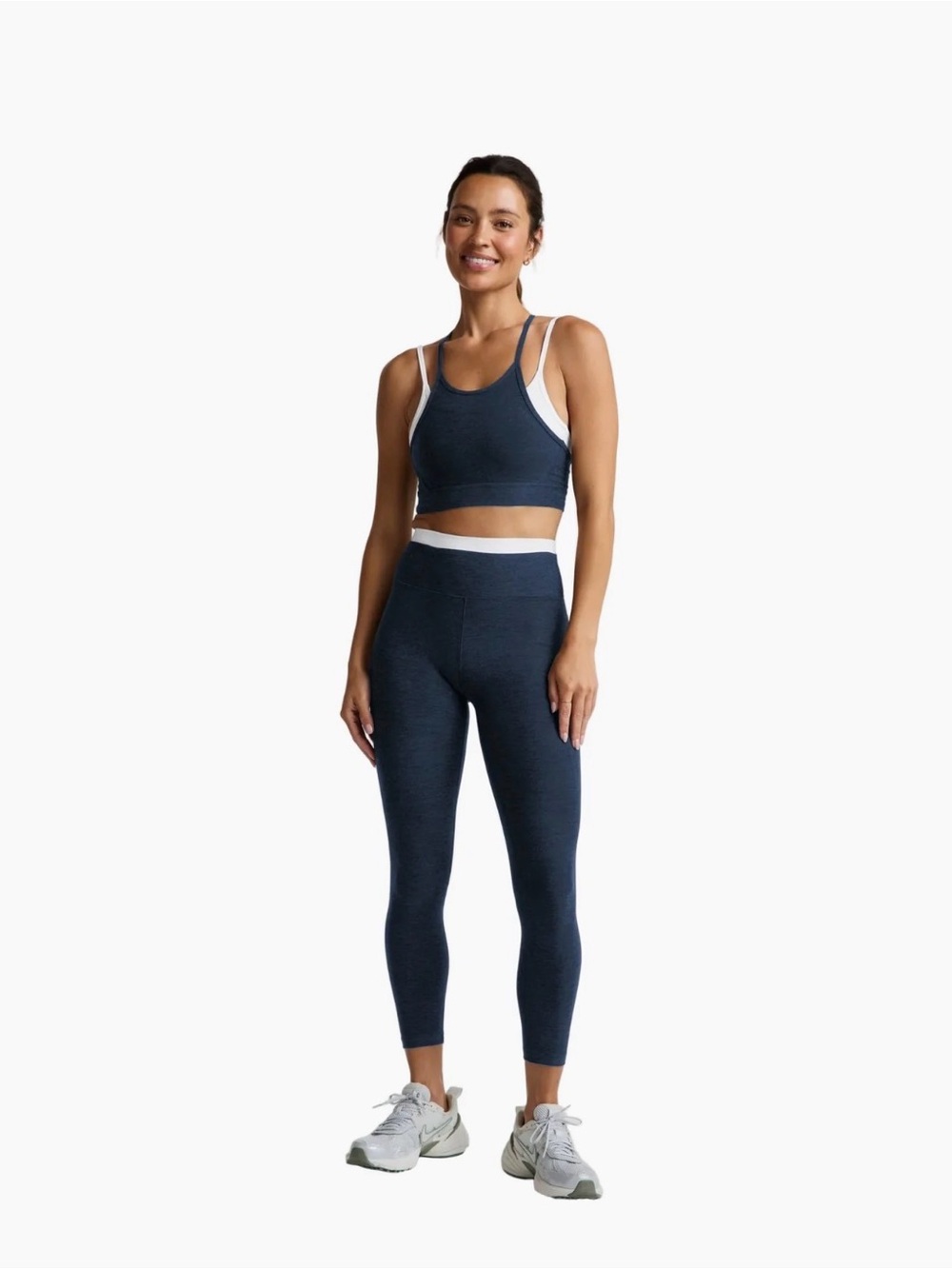 Beyond Yoga Set Spacedye Layered High Waist Legging and Sports Bra Navy/Wht Sz L